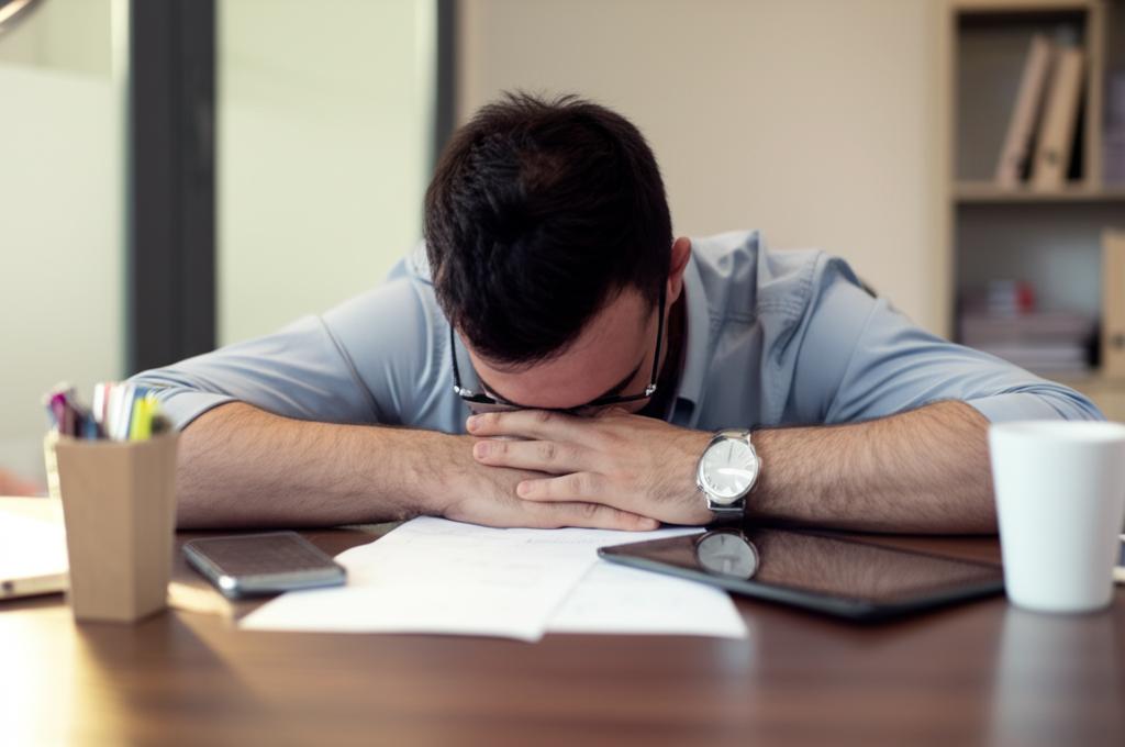 A tired office worker slumped over his desk, looking stressed and exhausted. Keywords: tired, stressed, exhausted, office worker, burnout