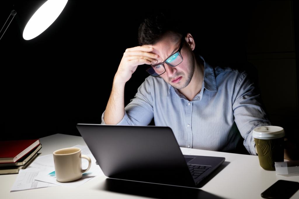 A stressed businessman sitting at his desk late at night, illuminated by the glow of his laptop screen, surrounded by paperwork and empty coffee cups. He looks tired and overwhelmed.