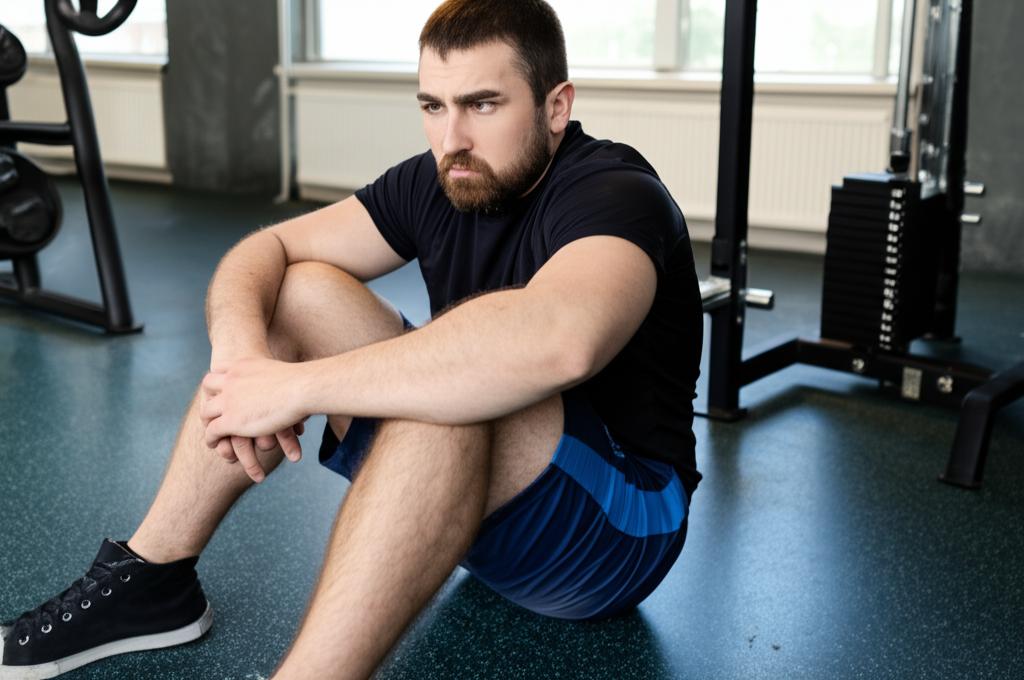 Man sitting exhausted on gym floor after workout, looking frustrated