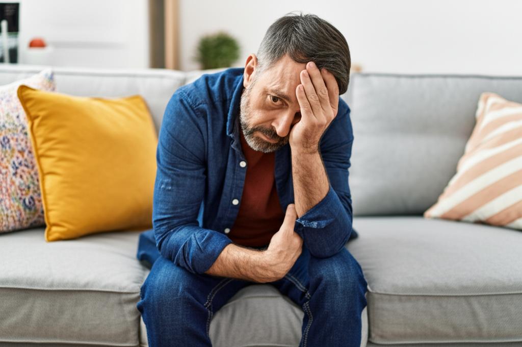 Tired middle aged man sitting slumped on a couch, looking exhausted and frustrated