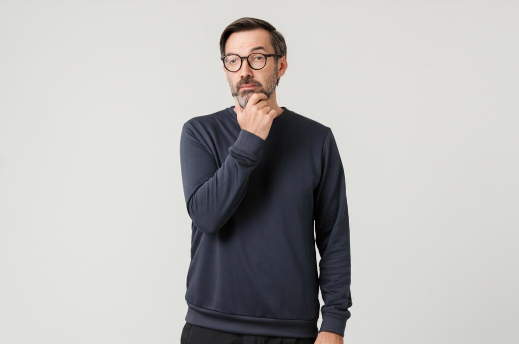 Middle aged man looking thoughtful or slightly worried about performance