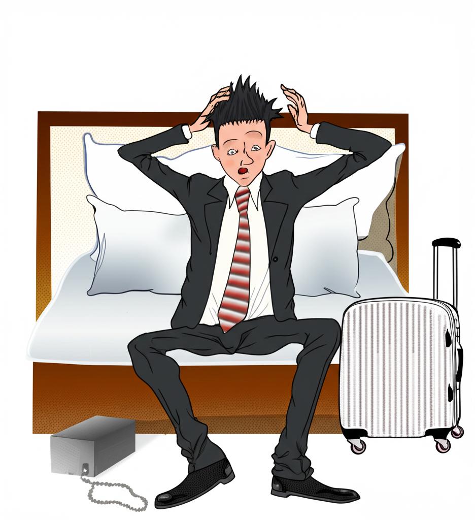Illustration of a tired businessman sitting in a hotel room looking stressed