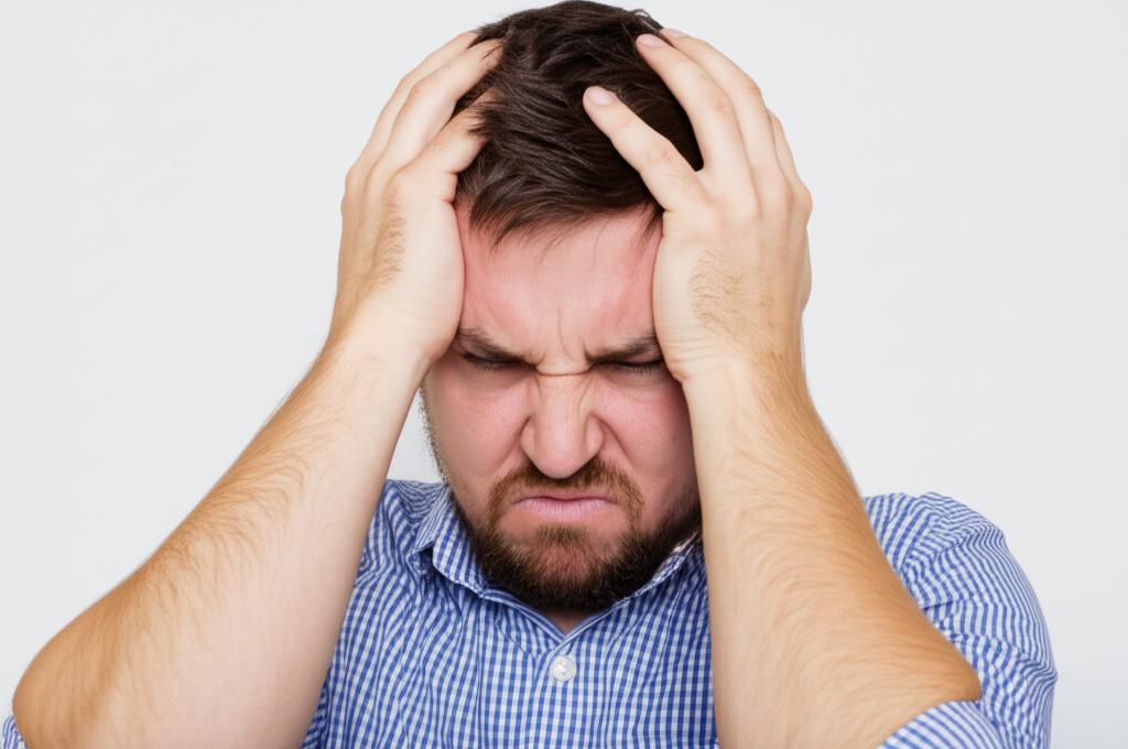 Man looking frustrated and holding his head in hands, feeling overwhelmed