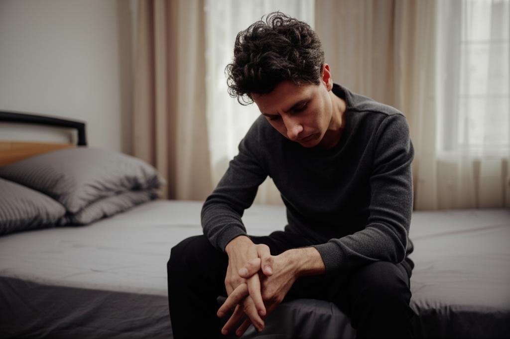 Man sitting on edge of bed looking stressed, head in hands, dimly lit room