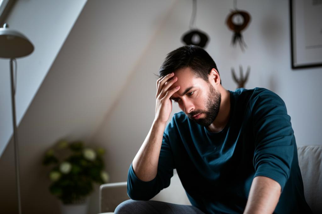 A man sitting alone in a room, looking thoughtful or tired, conveying solitude and low energy.