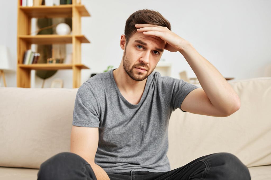 Midlife crisis man feeling tired and stressed, sitting on a couch, looking worried