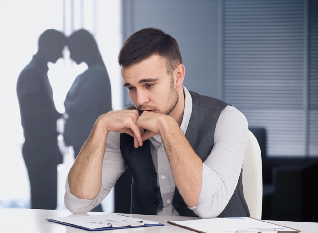 ai prompt: illustration of a tired office worker looking stressed, overlayed with a silhouette of a disappointed couple