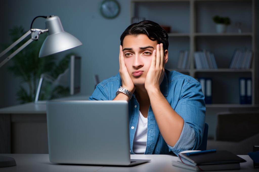 Young man looking tired and stressed, sitting at a desk late at night, or struggling to wake up in the morning.