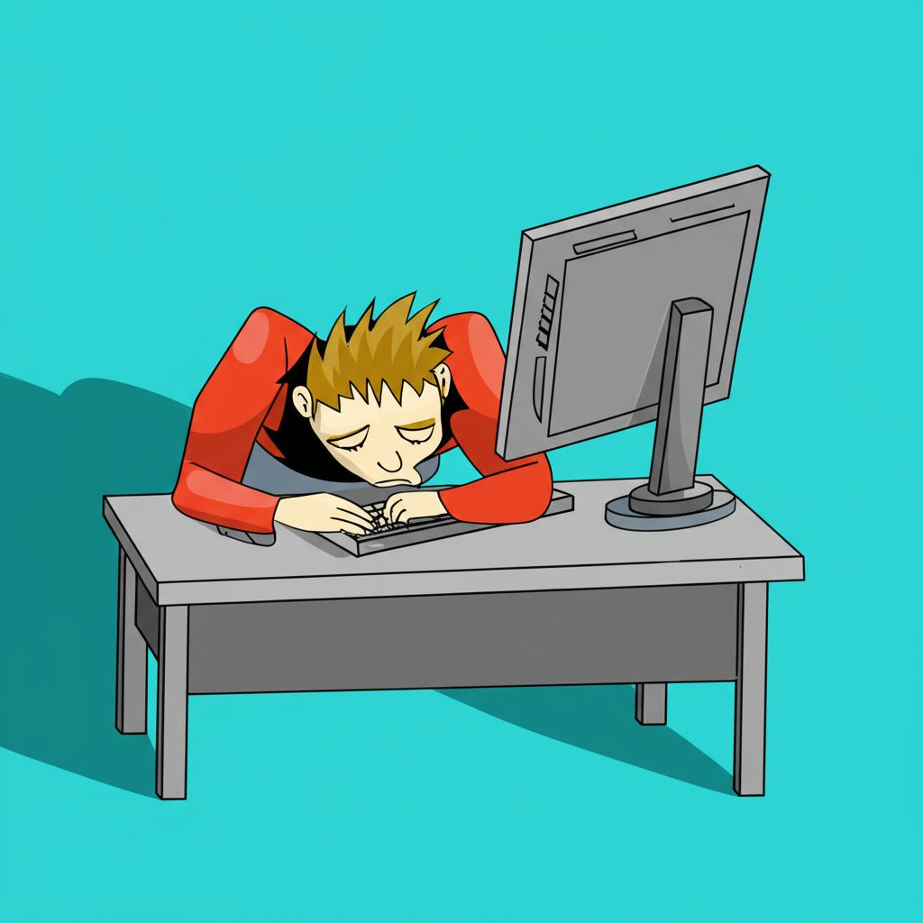 Illustration of a tired programmer slumped over a desk