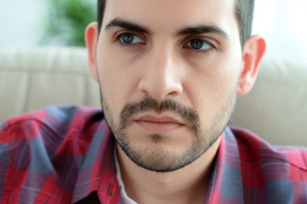 a man looking thoughtful or slightly tired, maybe sitting on a couch, with a hint of a domestic setting