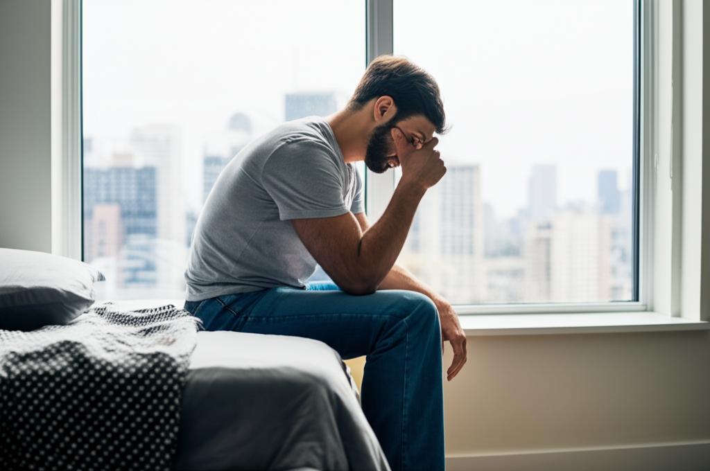 A man sitting on the edge of his bed, looking tired and stressed, with a cityscape visible through the window.