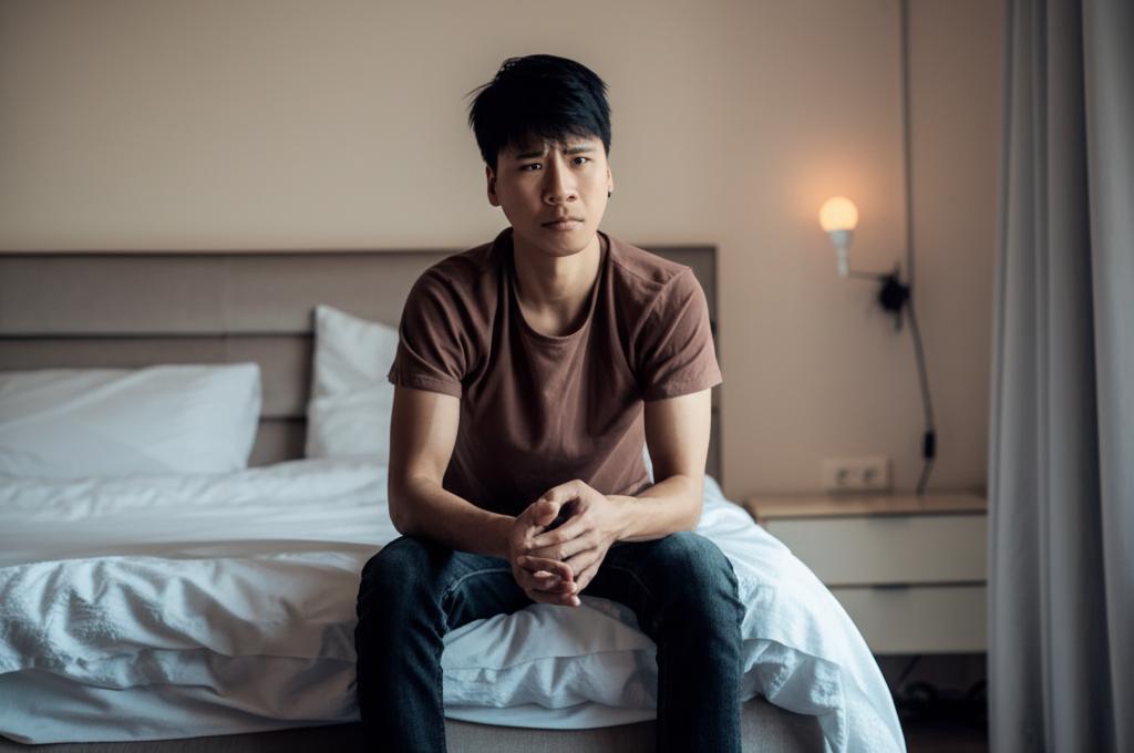 A tired man sitting on the edge of the bed, looking frustrated. The room is dimly lit.