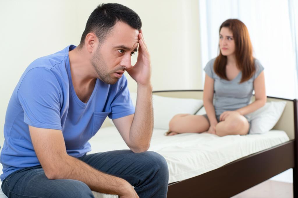 A tired man sitting on the edge of the bed, looking stressed and exhausted, his wife looking at him with concern.