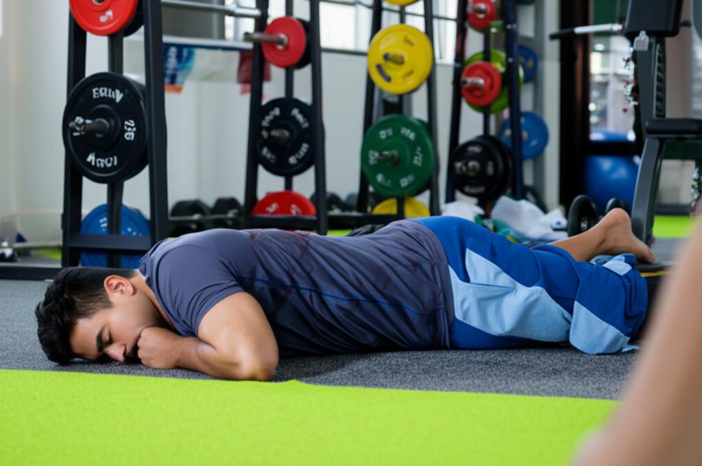 Man lying on the floor exhausted after workout, gym equipment in the background.