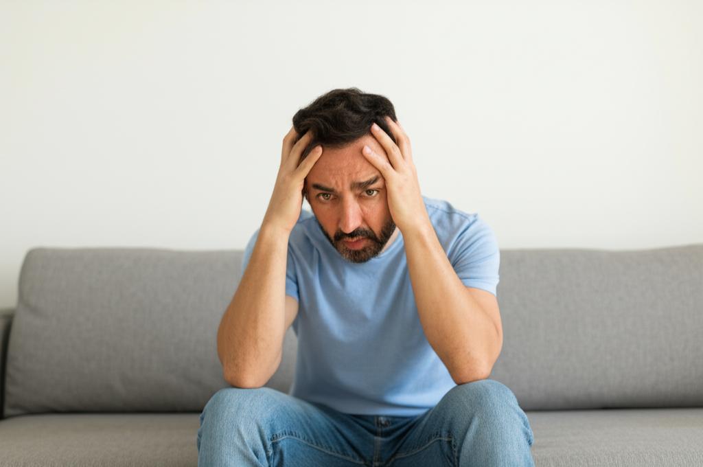 A tired 40s man sitting on a sofa, looking stressed and exhausted.
