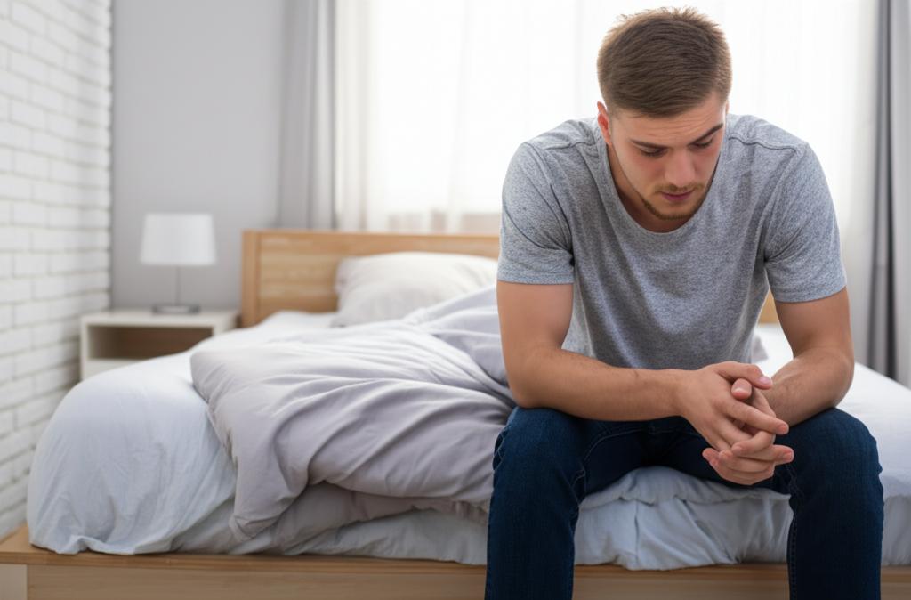 A sad man sitting on the edge of the bed, looking downcast, bedroom in the background, low lighting
