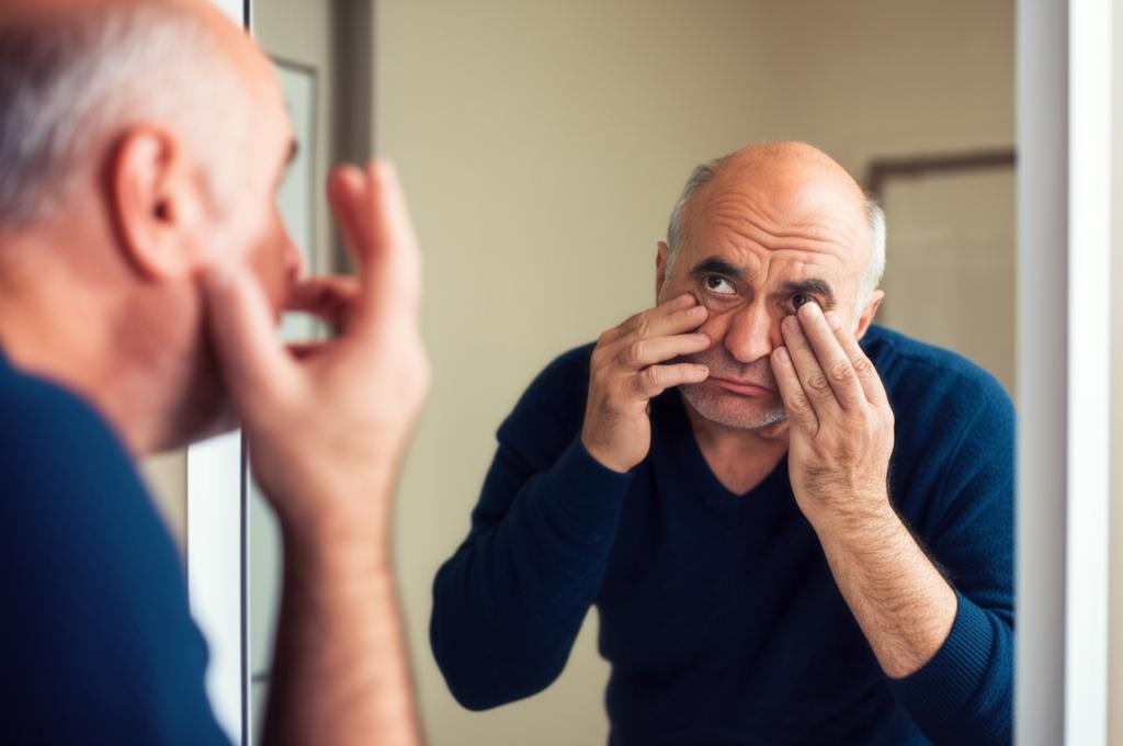 middle-aged man looking stressed and tired in the mirror, with thinning hair