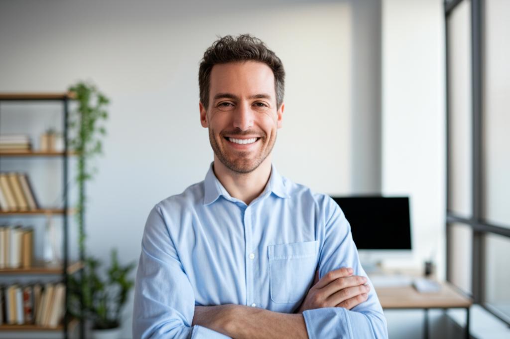 A smiling man, looking energetic and healthy, standing in a modern office. Keywords: energetic, healthy, smiling, office, success