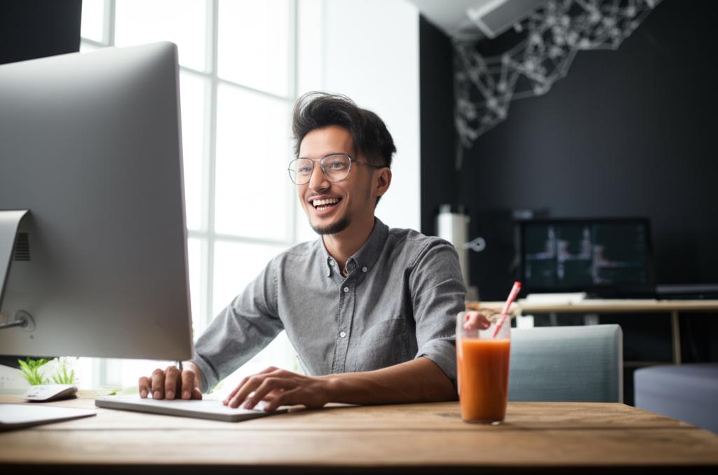 A smiling man confidently shaking hands with a client in a modern office setting. He exudes energy and charisma. In a smaller inset image, he is seen happily spending time with his wife and child at home.