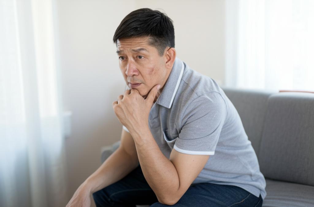 A man in his 40s or 50s, looking thoughtful or slightly worried, perhaps sitting alone, representing a personal struggle.