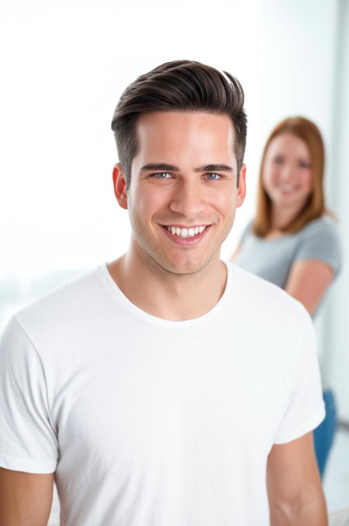 Young man smiling confidently, looking happy with partner in background (blurred)