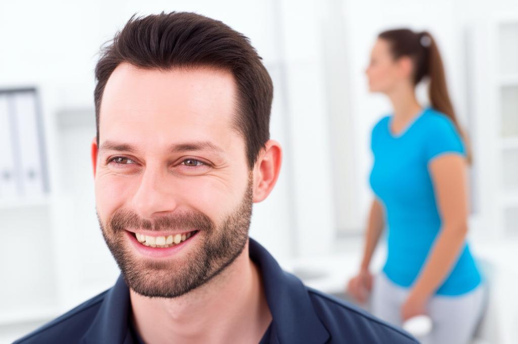 Man looking relieved and confident, smiling with partner in background