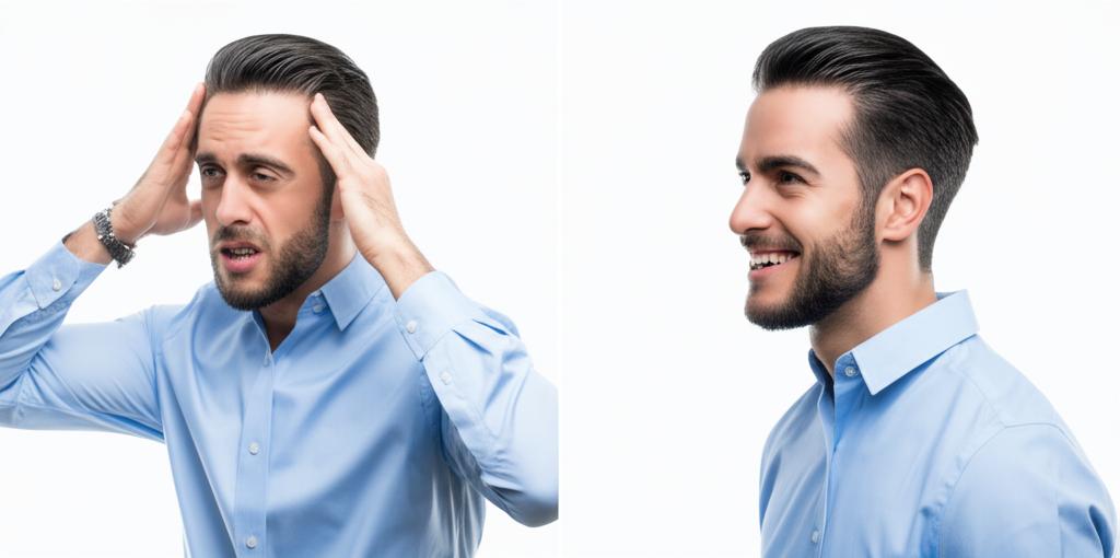 Split image: Left side a man looking tired/stressed; Right side the same man looking energetic and smiling.