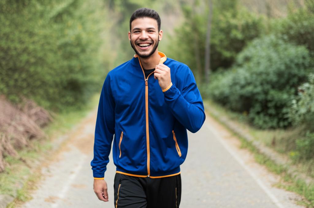 man looking energetic and happy walking in nature