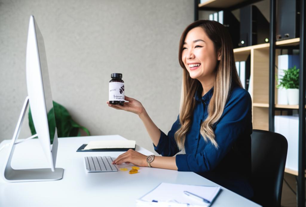 Energetic office worker smiling and productive at desk after using supplement in Singapore