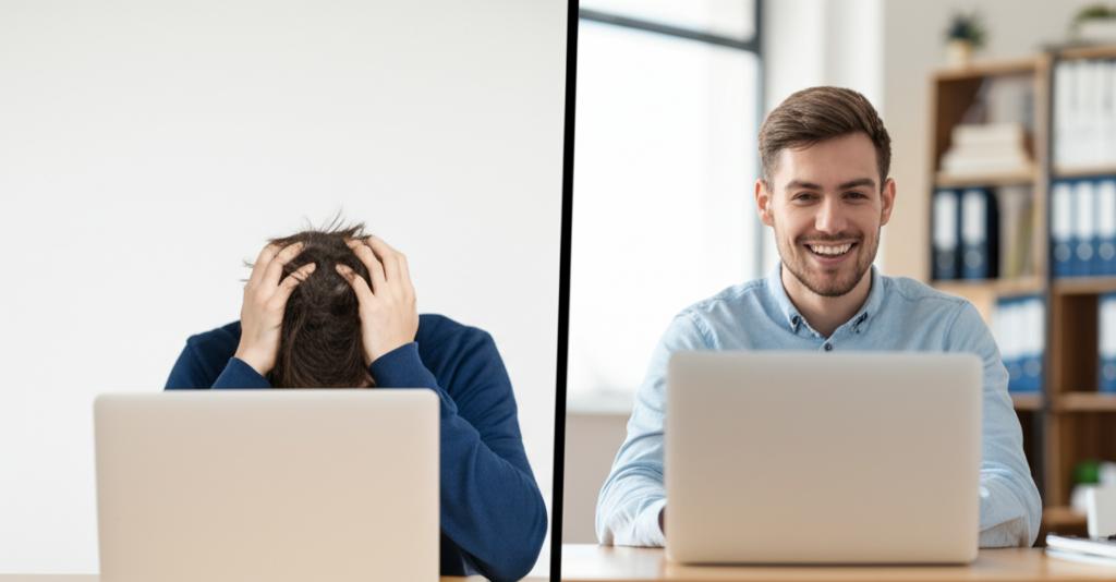 Side-by-side comparison of a tired, slumped programmer on the left and an energetic, smiling programmer on the right, showing the transformation after using the product.