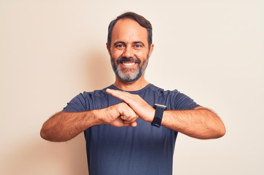 A middle-aged man looking confident and smiling, perhaps exercising or engaging in a hobby he enjoys, representing renewed vitality and energy.