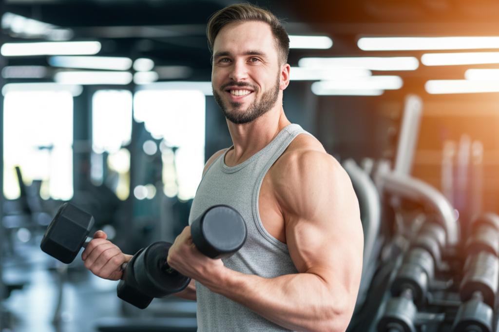 A man smiling confidently, lifting weights in a gym, looking energetic and healthy.