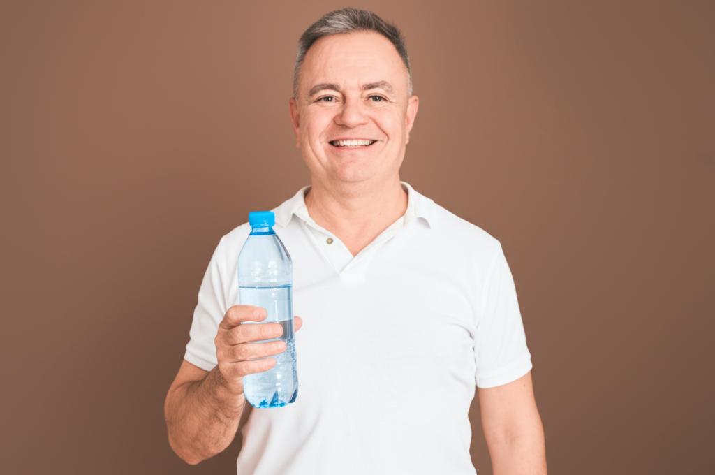 A smiling middle-aged man holding a bottle of 