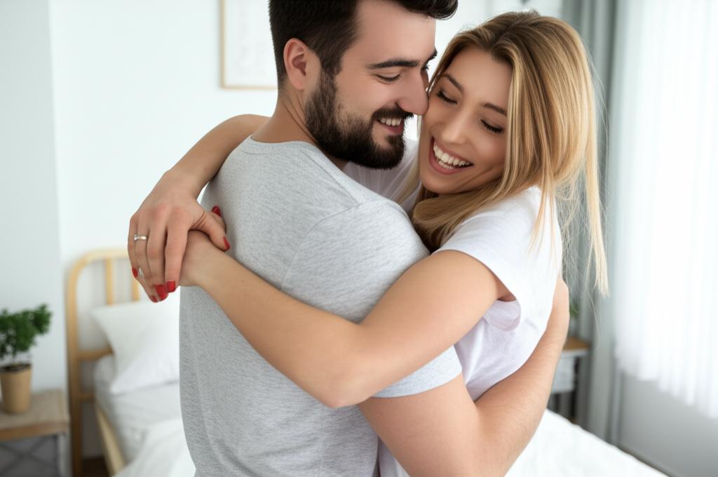 A happy couple embracing each other in a bedroom, smiling and looking relaxed.