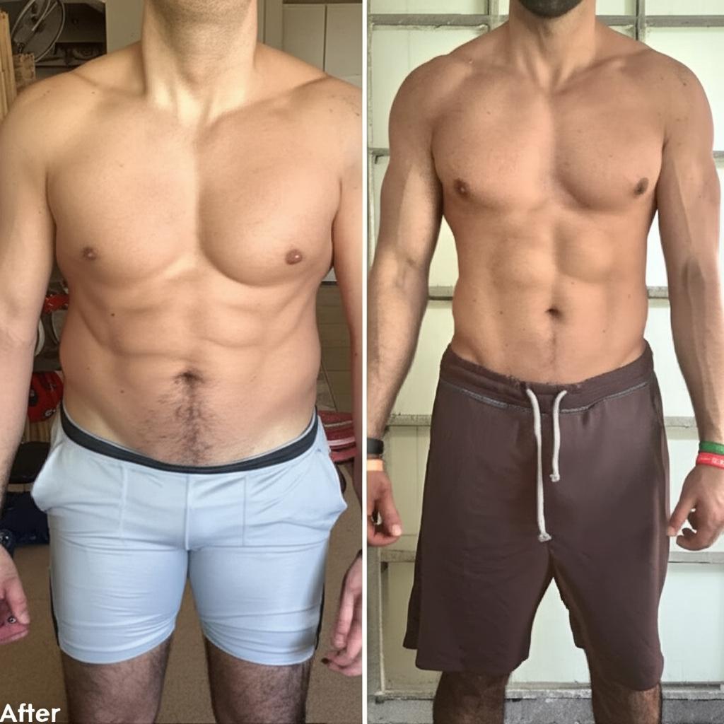 Before and after fitness transformation of a man, showing improved physique and energy levels.