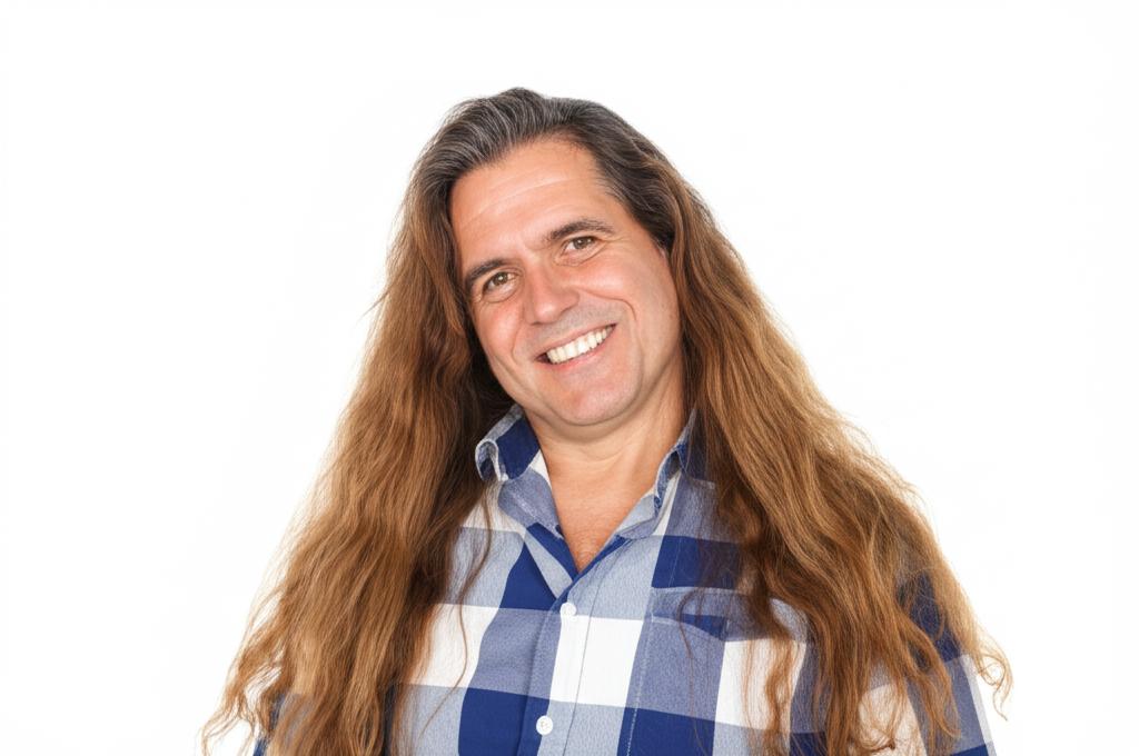 happy middle-aged man with thick hair, full of energy, smiling confidently