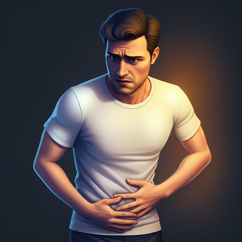 Illustration of a man experiencing discomfort in the pelvic area after intimacy, looking concerned, subtle lighting, realistic style