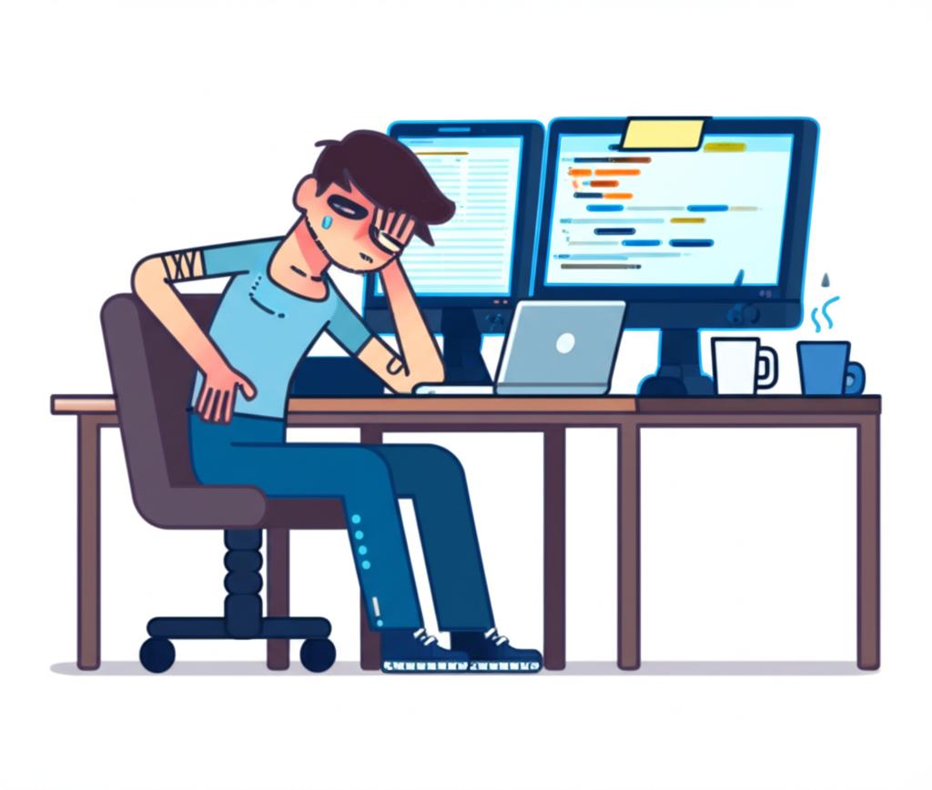 Illustration of a tired programmer sitting at a desk, feeling discomfort in the lower body.