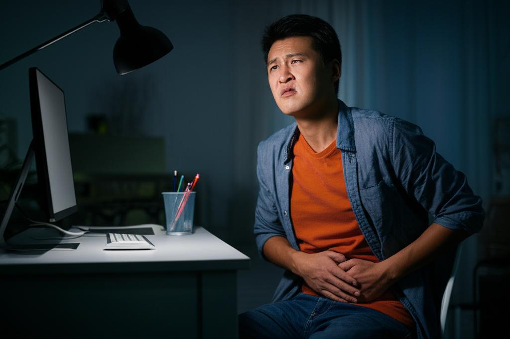 ai prompt: A male programmer sitting at a desk late at night, looking tired and uncomfortable, maybe subtly touching his lower abdomen or perineum area. Use a realistic, slightly dim lighting style.