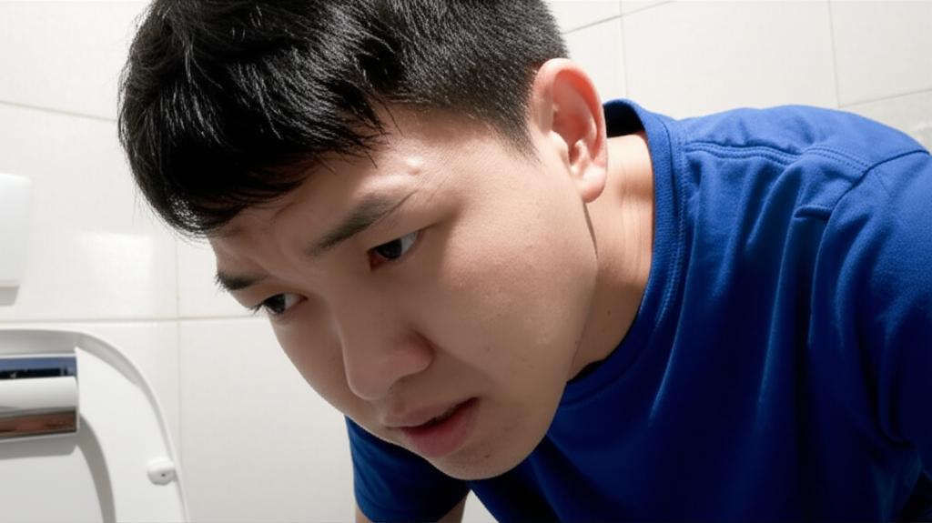 Frustrated Asian man in a bathroom, looking at the toilet, feeling discomfort, soft lighting, realistic photo