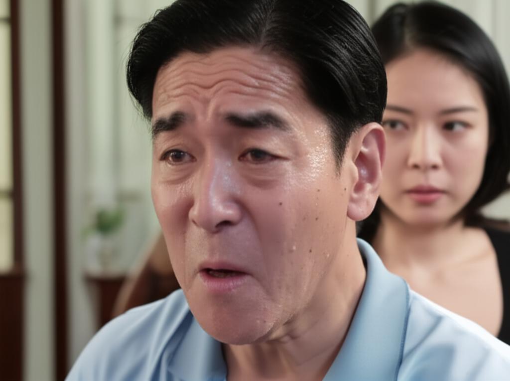 middle aged asian man looking worried, subtle background of a woman, thoughtful expression, realistic photo