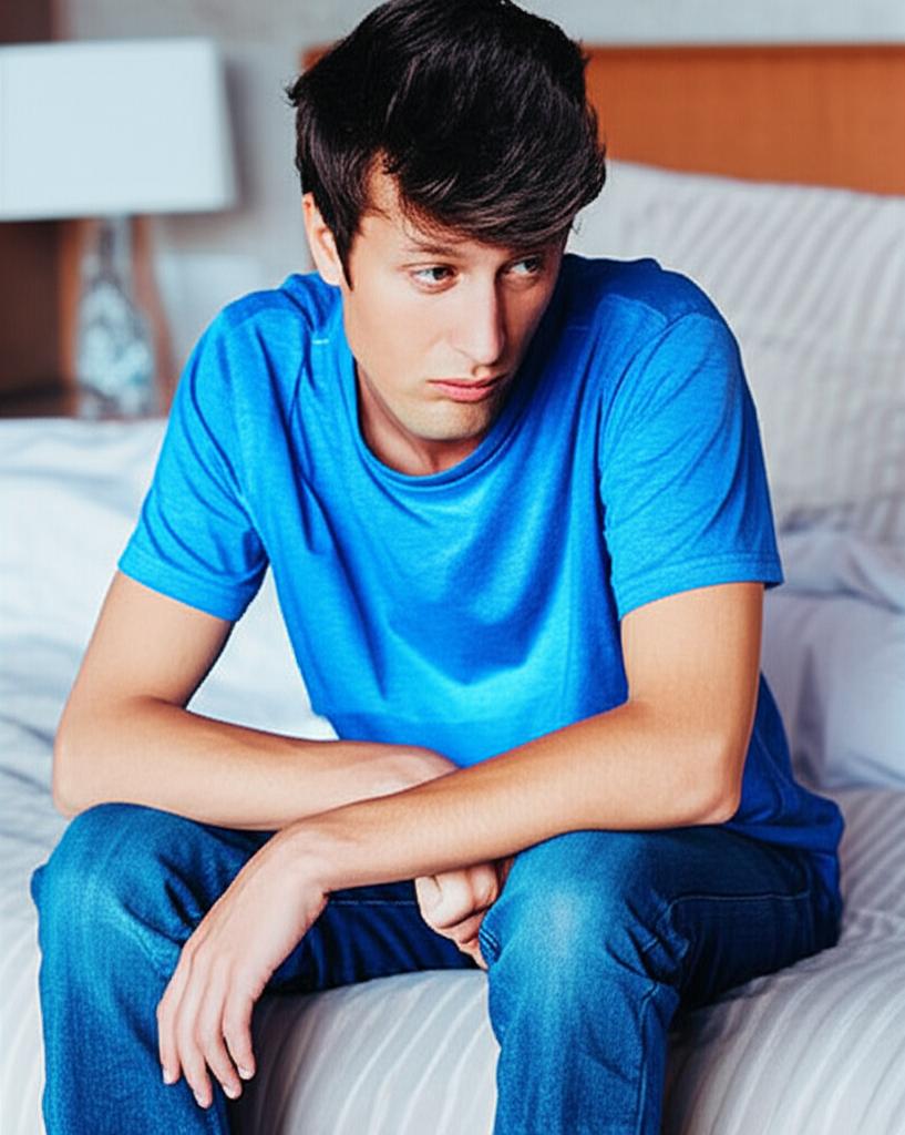 Frustrated young man sitting on a bed looking tired, feeling stressed about performance issues, low confidence