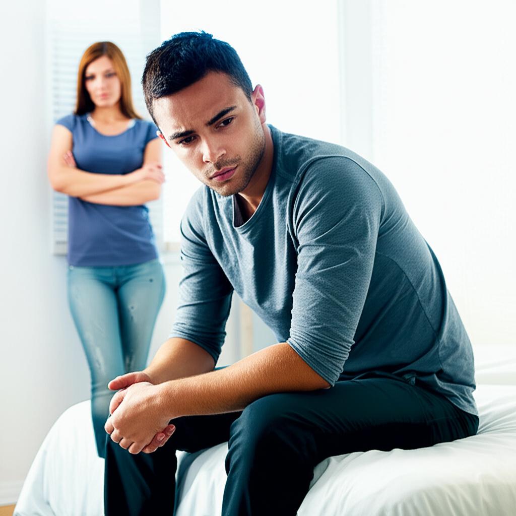 Young man looking stressed and frustrated, sitting on a bed, partner looking disappointed in the background. Realistic photo style.