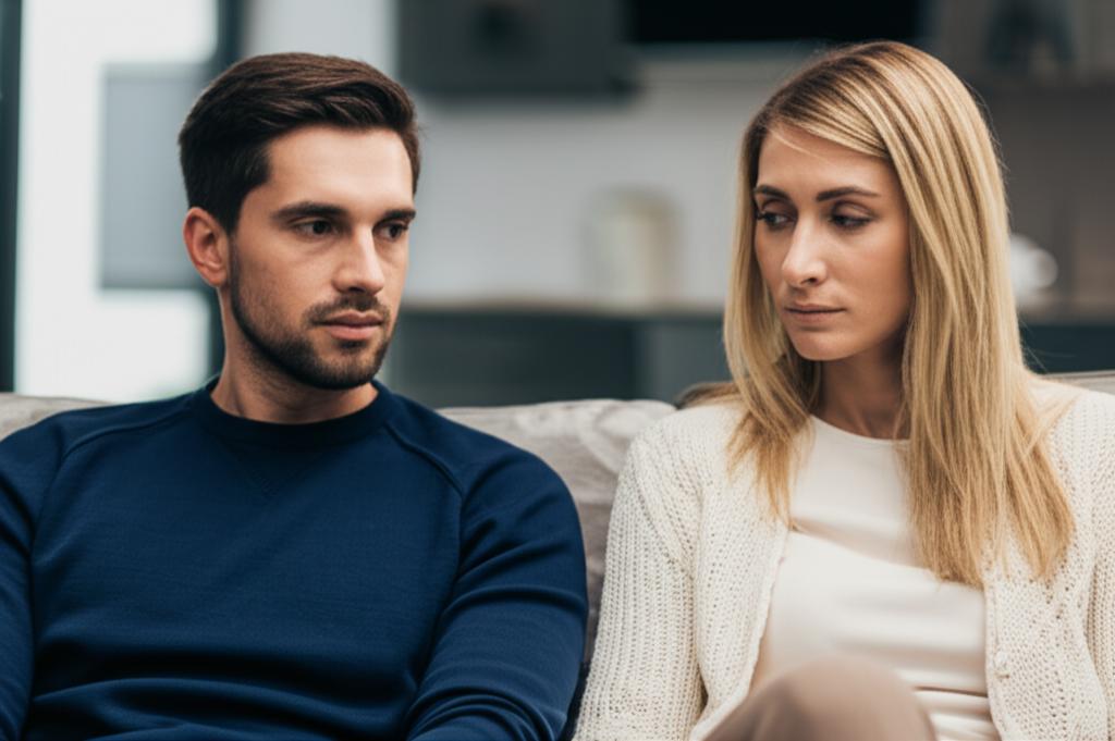 Couple looking distant on a sofa, hinting at relationship strain due to unspoken issues