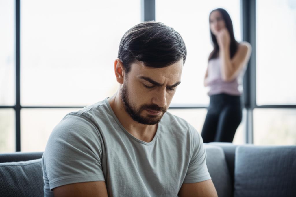 A man looking thoughtful or concerned, perhaps sitting on a sofa, with a partner in the background looking distant. Evokes feelings of worry and relationship strain.