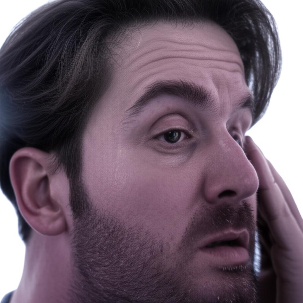 man feeling tired and stressed, looking at a mirror