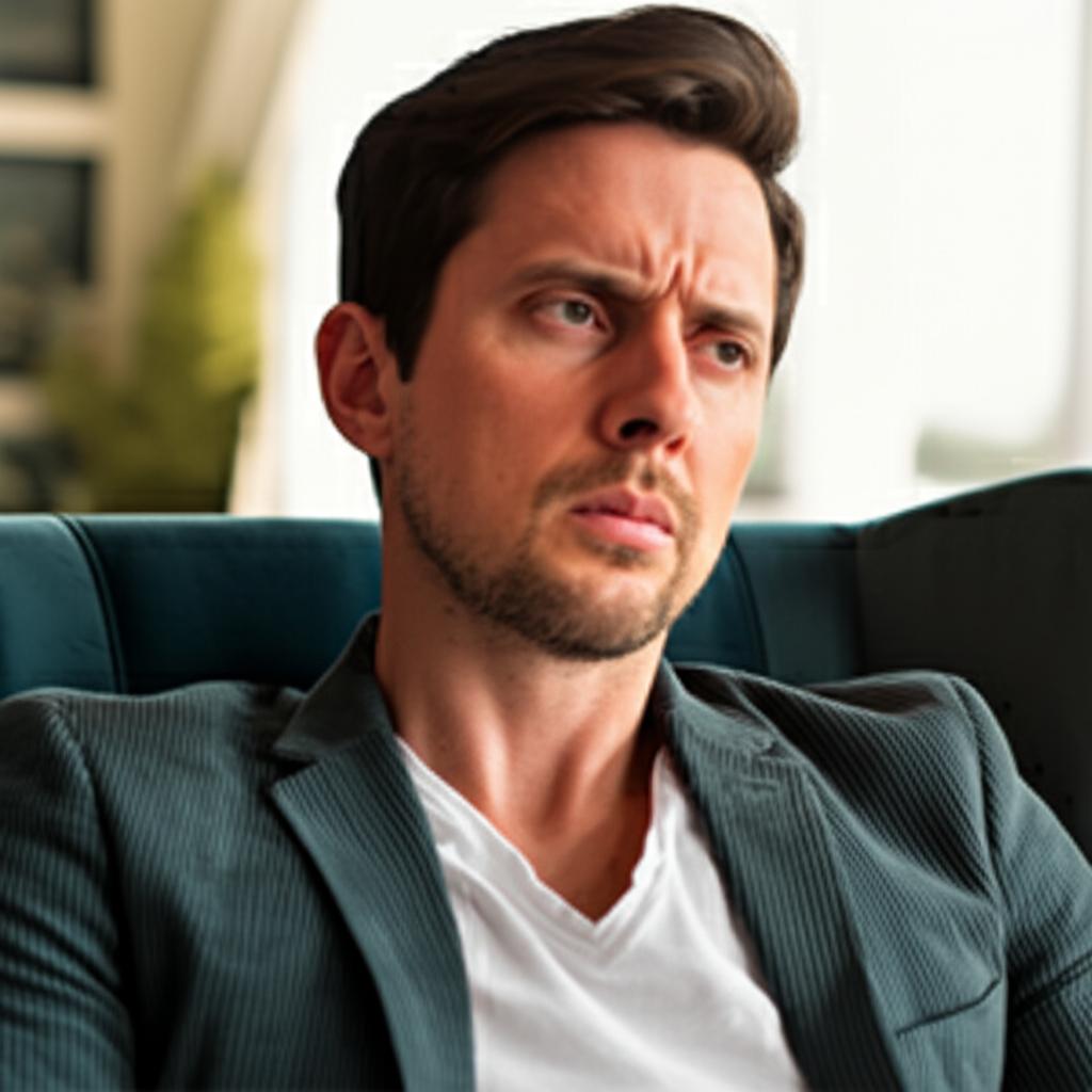A man looking thoughtful and slightly concerned about his health, perhaps sitting in a comfortable chair at home.