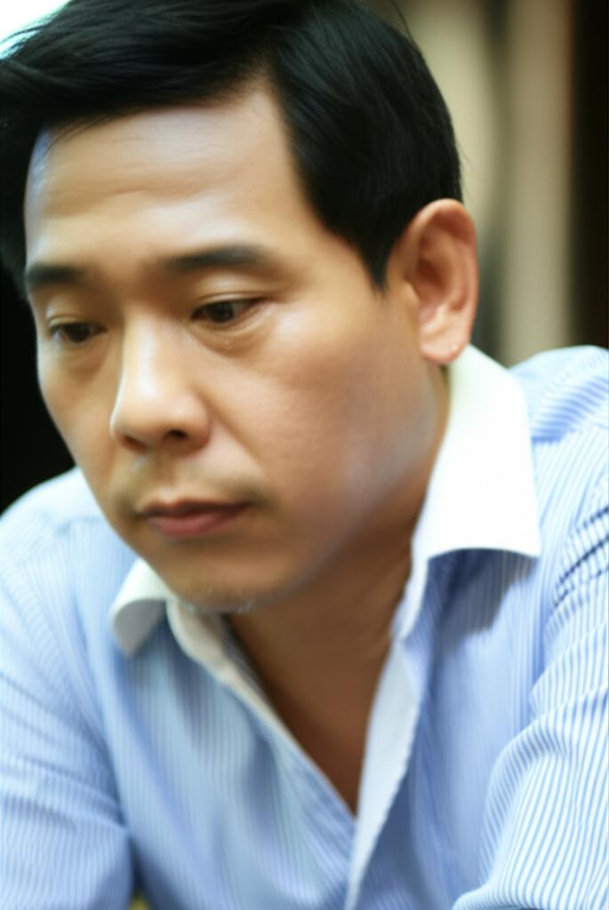 middle aged asian man looking tired and stressed, sitting alone, thoughtful