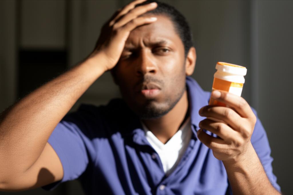 man looking stressed while holding a pill bottle
