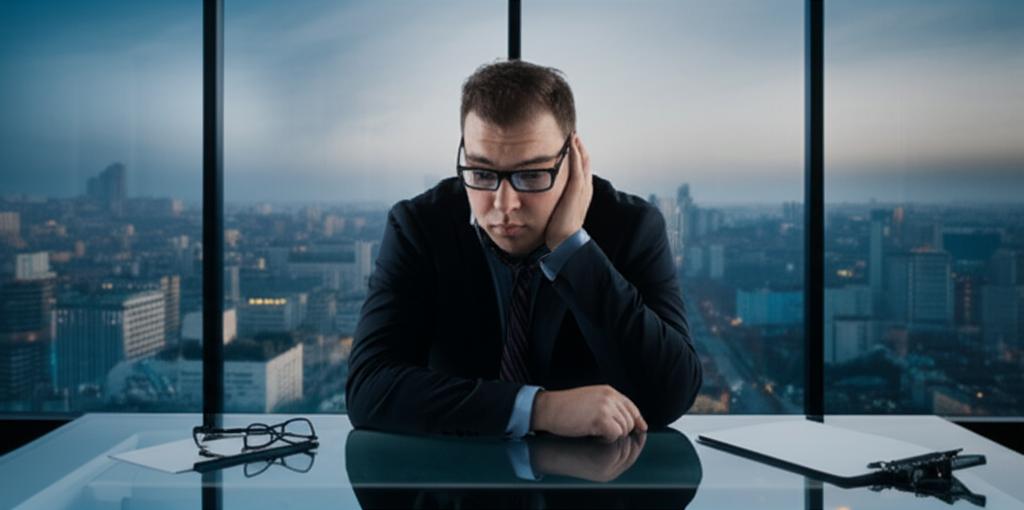 A man looking tired and stressed, sitting at a desk with city view in the background